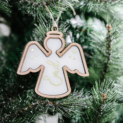 Love Christmas | Weihnachtsengel aus Acryl mit Holzrand - Weihnachtsbaumanhänger