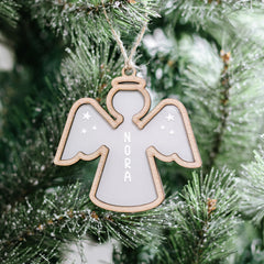 Love Christmas | Weihnachtsengel aus Acryl mit Holzrand - Weihnachtsbaumanhänger