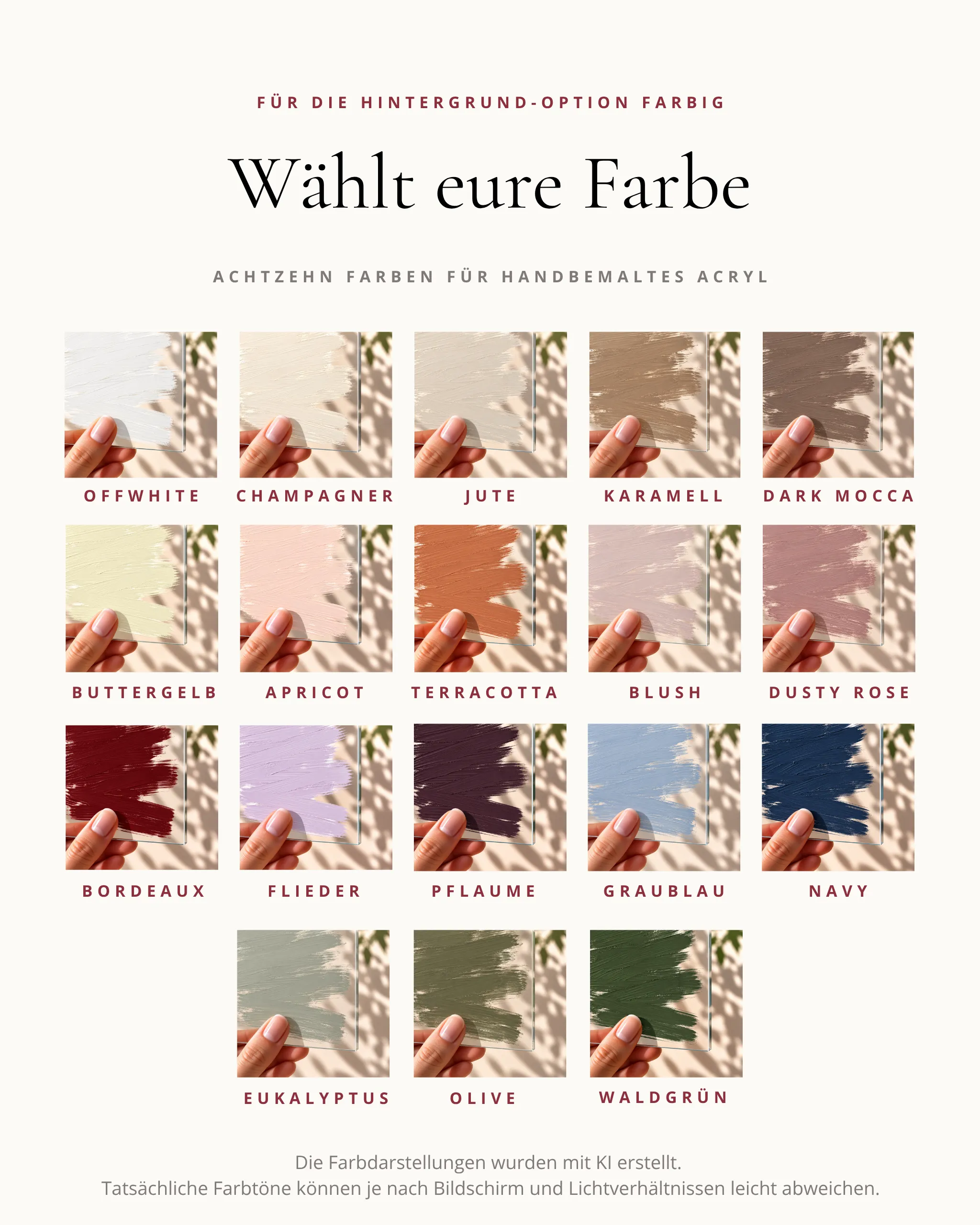 Farbauswahl für farbiges Acryl: 18 handbemalte Farbtöne von Offwhite bis Waldgrün