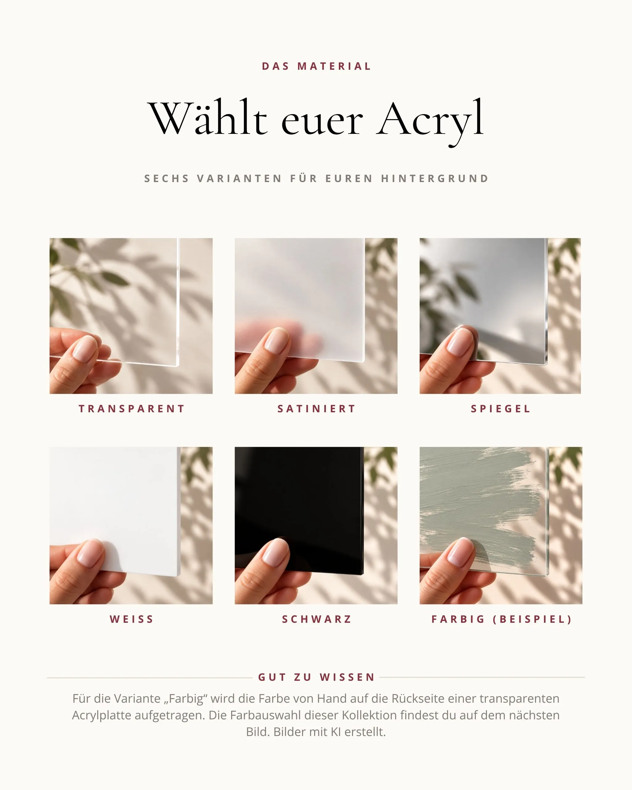 Acryl Hintergründe zur Auswahl: transparent, satiniert, Spiegel, weiß, schwarz und farbig